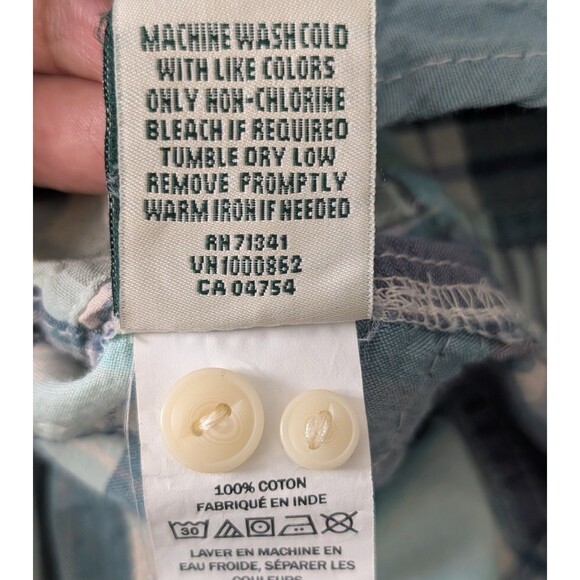 LL Bean Size L Patchwork Madras Plaid Button Down Blouse Cotton Boho Preppy - Picture 10 of 14